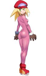Rule 34 | 1girl, :o, aile (mega man zx), anglerfish costume, arms at sides, ass, blonde hair, blush, bodysuit, breasts, brown gloves, cabbie hat, capcom, chestnut mouth, covered erect nipples, embarrassed, full body, gloves, green eyes, hair between eyes, hat, kneepits, legs together, long hair, looking at viewer, looking back, medium breasts, mega man (series), mega man legends (series), mega man zx, red footwear, red hat, roll caskett (mega man), shoes, simple background, skin tight, solo, spiked hair, standing, ukimukai, white background
