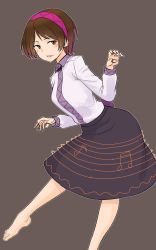 Rule 34 | 1girl, barefoot, beamed eighth notes, black skirt, brown background, brown eyes, brown hair, collared shirt, eighth note, hairband, highres, kakone, leg up, long sleeves, looking at viewer, musical note, one-hour drawing challenge, open mouth, purple hairband, shirt, short hair, simple background, skirt, solo, standing, touhou, tsukumo yatsuhashi, white shirt