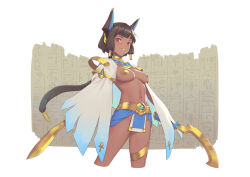 Rule 34 | 1girl, bigrbear, black hair, breasts, dark-skinned female, dark skin, egyptian, hieroglyphics, holding, holding sword, holding weapon, horns, long hair, looking at viewer, medium breasts, navel, original, parted lips, pasties, red eyes, short hair, simple background, solo, standing, sword, weapon, white background