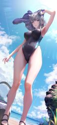 1girl animal_ear_fluff animal_ears bare_shoulders black_one-piece_swimsuit blue_archive blue_eyes blush breasts covered_erect_nipples covered_navel cross_hair_ornament extra_ears grey_hair hair_ornament halo highleg highleg_one-piece_swimsuit highres large_breasts looking_at_viewer medium_hair one-piece_swimsuit shiroko_(blue_archive) shiroko_(swimsuit)_(blue_archive) solo swimsuit wolf_ears zucchini