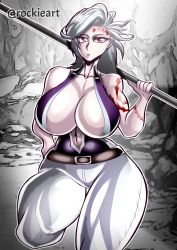 Rule 34 | 1girl, abs, ass, bare shoulders, belt, bident, breasts, cleavage cutout, clothing cutout, denim, female focus, genderswap, genderswap (mtf), hades (shuumatsu no valkyrie), highres, huge ass, jeans, large breasts, looking at viewer, muscular, muscular arms, muscular female, muscular legs, pale skin, pants, polearm, red eyes, short hair, shuumatsu no valkyrie, solo, tattoo, thick thighs, thighs, weapon, white hair