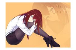 Rule 34 | 1girl, ankle boots, black footwear, black pantyhose, black shorts, boots, border, closed mouth, copyright name, from side, full body, head on knees, head rest, high heel boots, high heels, highres, leaning forward, long hair, long sleeves, looking at viewer, looking to the side, makise kurisu, orange background, pantyhose, pantyhose under shorts, purple eyes, red hair, shirt, short shorts, shorts, smile, solo, steins;gate, white border, white shirt, wujia xiaozi, zoom layer