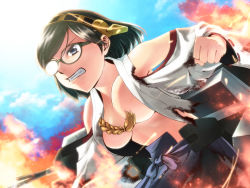 Rule 34 | 10s, 1girl, black hair, blue eyes, breasts, burnt clothes, clenched teeth, fire, glasses, hairband, japanese clothes, kantai collection, kirishima (kancolle), liar lawyer, machinery, nontraditional miko, open clothes, open shirt, shirt, short hair, solo, sparks, teeth, turret, wide sleeves