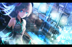 Rule 34 | 1girl, aqua eyes, aqua hair, aqua necktie, bare shoulders, detached sleeves, floating hair, hatsune miku, headphones, letterboxed, long hair, long sleeves, looking at viewer, nakaichi (ridil), necktie, parted lips, solo, twintails, upper body, vocaloid, wide sleeves