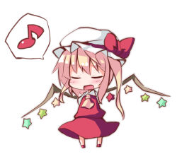 Rule 34 | 1girl, alternate wings, arms behind back, ascot, blonde hair, bow, chibi, closed eyes, dress, flandre scarlet, hat, hat bow, mob cap, music, musical note, ominaeshi (takenoko), open mouth, quaver, red dress, shirt, side ponytail, simple background, singing, solo, speech bubble, spoken musical note, star (symbol), touhou, white background, wings