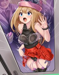 Rule 34 | 1girl, against window, black panties, black shirt, black thighhighs, blonde hair, blue eyes, blush, breasts, brown hair, clothes lift, creatures (company), exhibitionism, eyewear on headwear, game freak, grabbing, grabbing another&#039;s breast, grabbing from behind, groping, hat, highres, lifted by self, long hair, medium breasts, monikano, nintendo, open mouth, panties, pleated skirt, pokemon, pokemon xy, public indecency, pussy juice, remote control vibrator, serena (pokemon), sex toy, shirt, skirt, skirt lift, sleeveless, solo focus, stealth sex, thigh grab, thighhighs, train, train interior, underwear, vibrator, vibrator in thighhighs, vibrator under clothes