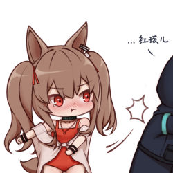 Rule 34 | 1girl, 1other, :t, ambiguous gender, angelina (arknights), angelina (summer flower) (arknights), animal ears, arknights, black coat, black collar, black wristband, blush, brown hair, chibi, chinese commentary, chinese text, coat, collar, commentary request, cowboy shot, doctor (arknights), earpiece, fox ears, hair ribbon, infection monitor (arknights), jewelry, long hair, lxjun 09, necklace, official alternate costume, one-piece swimsuit, red eyes, red ribbon, red skirt, ribbon, sarong, simple background, skirt, slapping, solo focus, spaghetti strap, swimsuit, swimsuit cover-up, tearing up, translation request, twintails, v-shaped eyebrows, white background, white sarong, wristband