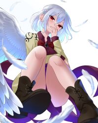 Rule 34 | 1girl, absurdres, angel wings, boots, bow, bowtie, braid, brown footwear, commentary request, covering own mouth, cross-laced footwear, dress, feathered wings, french braid, highres, jacket, kishin sagume, knees, long sleeves, looking at viewer, onikoroshi, perspective, purple dress, red bow, red bowtie, red eyes, short dress, short hair, simple background, single wing, solo, thighs, touhou, white background, white hair, white wings, wings, ||/