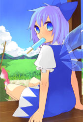 Rule 34 | 1girl, bad id, bad pixiv id, blue eyes, blue hair, cirno, food, hair ribbon, ice, ice wings, inoue mikuni, matching hair/eyes, mouth hold, popsicle, ribbon, solo, summer, touhou, wings