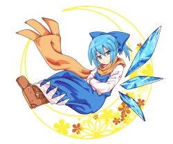 Rule 34 | 1girl, alternate hairstyle, artist request, blue dress, blue eyes, blue hair, boots, cirno, cirno-nee, dress, hair ribbon, ice, ice wings, looking at viewer, ponytail, ribbon, scarf, short hair, smile, solo, touhou, white background, wings