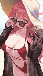 1girl :d aru_(blue_archive) beach black-framed_eyewear blue_archive breasts brown_hat collarbone commentary_request guchico halo hat large_breasts long_hair long_sleeves looking_at_viewer navel o-ring o-ring_swimsuit open_mouth pink_hair red_eyes red_hair red_halo red_slingshot_swimsuit slingshot_swimsuit smile solo straw_hat sunglasses swimsuit thighs