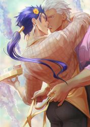 Rule 34 | 2boys, apron, archer (fate), ass, black pants, blue hair, breast pocket, brown shirt, cake, cake slice, closed eyes, coffee cup, commentary, cu chulainn (fate), cup, disposable cup, earrings, english commentary, fate/grand order, fate (series), fingernails, flower, food, gravesecrets, grey eyes, hair flower, hair ornament, highres, holding, holding tray, hug, imminent kiss, jewelry, light particles, long hair, male focus, mature male, multiple boys, pants, parted lips, pink shirt, pocket, ponytail, shirt, short hair, solo, tray, undressing another, yaoi, yellow apron, yellow flower