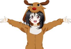 Rule 34 | 1girl, animal costume, bad id, bad pixiv id, black hair, christmas, cosplay, highres, kigurumi, looking at viewer, love live!, love live! school idol project, open mouth, outstretched arms, red eyes, reindeer costume, showers-u, smile, solo, transparent background, upper body, yazawa nico