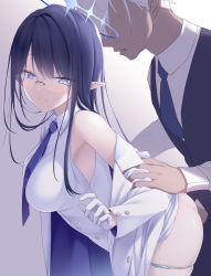 Rule 34 | 1boy, 1girl, arm grab, ass, bare shoulders, bent over, black hair, blue archive, blue eyes, blue necktie, blush, breasts, closed mouth, clothed sex, collared shirt, elf, formal, glasses, gloves, halo, hetero, highres, jacket, large breasts, long hair, long sleeves, midorino eni, necktie, off shoulder, panties, panty pull, pointy ears, rin (blue archive), sensei (blue archive), sex, sex from behind, shirt, sleeveless, sleeveless shirt, standing, standing sex, suit, sweat, underwear, vaginal, wavy mouth, white gloves, white hair, white panties, white shirt