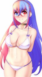 Rule 34 | 1girl, alear (female) (fire emblem), alear (fire emblem), alternate costume, anisdrawn, arms behind back, bikini, blue eyes, blue hair, blush, braid, breasts, cleavage, collarbone, commentary, cowboy shot, crown braid, fire emblem, fire emblem engage, hair between eyes, heterochromia, highres, large breasts, long hair, multicolored hair, navel, nintendo, nose blush, red eyes, red hair, sidelocks, simple background, solo, standing, stomach, swimsuit, thighs, two-tone hair, very long hair, white background, white bikini