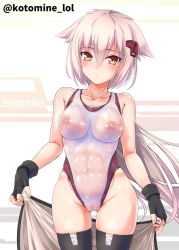 Rule 34 | 1girl, abs, azur lane, bare shoulders, black gloves, black thighhighs, blush, breasts, cameltoe, character name, closed mouth, collarbone, commentary request, competition swimsuit, covered erect nipples, covered navel, fingerless gloves, fingernails, floating hair, gloves, gluteal fold, groin, hair between eyes, hair ornament, highleg, highleg swimsuit, long hair, looking at viewer, medium breasts, montpelier (azur lane), nipples, one-piece swimsuit, red eyes, see-through, shiny skin, silver hair, solo, standing, stomach, swimsuit, thigh gap, thighhighs, tomineko (tomineko p), toned, twitter username, very long hair, white one-piece swimsuit, yellow eyes