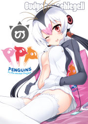 Rule 34 | 10s, 1girl, ;p, black hair, blush, breasts, character name, english text, gradient hair, group name, headphones, jacket, japari symbol, kemono friends, listening to music, logo, looking at viewer, medium breasts, multicolored hair, navel, one eye closed, pillow, red eyes, royal penguin (kemono friends), shirosuzu, simple background, sitting, solo, stomach, text focus, thighhighs, tongue, tongue out, twintails, two-tone hair, unzipped, white background, white hair, zettai ryouiki
