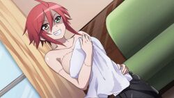 Rule 34 | 1girl, artist request, belt, black pants, breasts, brown eyes, couch, covered navel, covering breasts, covering privates, game cg, green eyes, grin, heterochromia, large breasts, looking at viewer, monster musume no iru nichijou, monster musume no iru nichijou online, official art, on floor, pants, patchwork skin, red eyes, red hair, sharp teeth, short hair, sidelocks, smile, solo, stitches, teeth, topless, towel, zombina (monster musume)