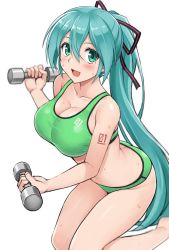 Rule 34 | 1girl, aqua hair, ass, barefoot, bra, breasts, cleavage, collarbone, cowboy shot, dumbbell, exercising, green bra, green eyes, green shorts, hatsune miku, hormone koijirou, kneeling, large breasts, long hair, looking at viewer, ponytail, short shorts, shorts, simple background, solo, sports bikini, sports bra, underwear, very long hair, vocaloid, weightlifting, white background