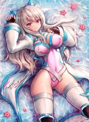 Rule 34 | blonde hair, blush, breasts, commission, covered erect nipples, dated, fingerless gloves, gloves, hair ornament, highres, leotard, long hair, looking at viewer, lying, medium breasts, mirukurim, on back, phantasy star, phantasy star online 2, red eyes, shrug (clothing), signature, smile, solo, thighhighs, water