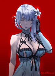 Rule 34 | 1girl, bandaged arm, bandaged neck, bandages, braid, breasts, cleavage, commentary request, flower, gloves, hair flower, hair ornament, highres, kaine (nier), large breasts, lingerie, moriyama daisuke, nier, nier (series), red background, silver hair, underwear, yellow eyes