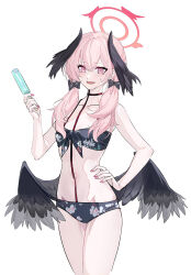 Rule 34 | 1girl, bandeau, bare arms, bare shoulders, bikini, black bikini, black choker, black wings, blue archive, blush, choker, collarbone, commentary request, cowboy shot, echj, feathered wings, food, front-tie bikini top, front-tie top, hand on own hip, hand up, head wings, highres, holding, holding food, koharu (blue archive), long hair, looking at viewer, low twintails, low wings, nail polish, navel, open mouth, pink eyes, pink hair, pink nails, popsicle, simple background, solo, standing, stomach, swimsuit, thighs, twintails, white background, wings