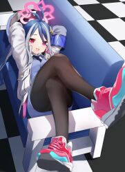 Rule 34 | 1girl, absurdres, antenna hair, black pantyhose, blue archive, blue hair, blue necktie, blurry, checkered floor, commentary, crossed legs, depth of field, foot out of frame, foreshortening, fubuki (blue archive), halo, highres, legs, long hair, long sleeves, looking at viewer, lying, necktie, nugaki, on back, open mouth, pantyhose, pink halo, red eyes, red footwear, shoes, smile, solo