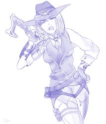 Rule 34 | 1girl, absurdres, artist name, ashe (overwatch), breasts, cowboy hat, denim, denim shorts, female focus, gun, hair over one eye, hand on own hip, handgun, hat, hat over one eye, highleg, highres, hip focus, holster, large breasts, long hair, looking at viewer, monochrome, necktie, overwatch, overwatch 1, picantium, shorts, simple background, thigh holster, thighs, underwear, weapon, white background