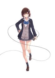 Rule 34 | 1girl, black jacket, brown hair, doumyouji cocoa, hair ornament, jacket, looking at viewer, microphone, necomi, open clothes, riot music, school uniform, short hair, smile, solo, virtual youtuber