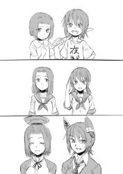 Rule 34 | 10s, 2girls, age progression, aged down, child, comic, greyscale, grin, halo, headgear, kantai collection, mechanical halo, monochrome, multiple girls, nathaniel pennel, necktie, no eyepatch, open mouth, pennel, personification, school uniform, serafuku, short hair, silent comic, smile, tatsuta (kancolle), tenryuu (kancolle), tomboy, toy sword