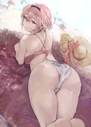 Rule 34 | 1girl, ass, beach, bikini, blue eyes, commentary, commentary request, hair between eyes, hair wings, head wings, highres, hololive, looking at viewer, pink hair, short hair, smile, solo, swimsuit, takane lui, torn flipper, virtual youtuber, wings