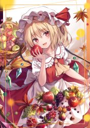 Rule 34 | 1girl, :d, apricot (fruit), apron, ascot, autumn leaves, blonde hair, blush, bow, collarbone, commentary request, crystal, eyelashes, flandre scarlet, flat chest, food, frilled apron, frilled shirt collar, frilled sleeves, frills, fruit, fruit basket, grapes, hat, hat bow, hat ribbon, highres, holding, holding food, holding fruit, kure~pu, looking at viewer, mob cap, open mouth, peach, pomegranate, puffy short sleeves, puffy sleeves, red bow, red eyes, red ribbon, red skirt, red vest, ribbon, short sleeves, skirt, smile, solo, touhou, upper body, vest, white apron, white hat, wings, yellow ascot