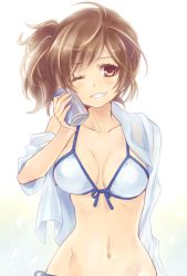 Rule 34 | 1girl, ;), bad id, bikini, blush, breasts, brown eyes, brown hair, can, collarbone, front-tie top, grin, holding, meiko (vocaloid), mikipa, navel, one eye closed, open clothes, open shirt, project diva (series), project diva f, shirt, side-tie bikini bottom, side ponytail, simple background, smile, solo, summer idol (vocaloid), swimsuit, vocaloid, white background, wink
