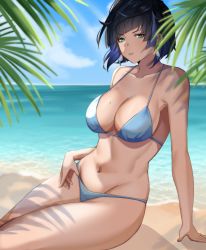 Rule 34 | 1girl, absurdres, aqua eyes, arm support, bare arms, bare shoulders, beach, bikini, black hair, blue bikini, blue hair, blue sky, blunt bangs, bob cut, breasts, cloud, collarbone, commentary, day, english commentary, genshin impact, gradient hair, groin, highres, large breasts, looking at viewer, lulanoon, mole, mole on breast, multicolored hair, navel, ocean, parted lips, short hair, sitting, sky, solo, stomach, swimsuit, thighs, water, yelan (genshin impact)