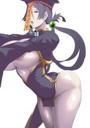 Rule 34 | 1girl, arched back, areola slip, breasts, cleavage cutout, clothing cutout, cowboy shot, fate/grand order, fate (series), from side, gold trim, hair between eyes, hair rings, half-closed eyes, hat, jiangshi, ky., large breasts, minamoto no raikou (fate), no panties, parted bangs, pelvic curtain, qingdai guanmao, shuten douji (fate), shuten douji (festival outfit) (fate), simple background, solo, white background