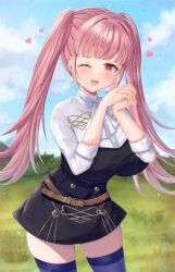 Rule 34 | 1girl, ;d, ascot, black dress, blue thighhighs, breasts, cowboy shot, day, dress, female focus, fire emblem, fire emblem: three houses, garreg mach monastery uniform, grass, highres, hilda valentine goneril, huge breasts, long hair, nintendo, one eye closed, open mouth, outdoors, own hands together, pink eyes, pink hair, short dress, sleeves rolled up, smile, solo, thighhighs, twintails, wink, yui (msy1302mana), zettai ryouiki