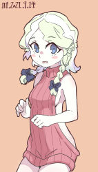 Rule 34 | 1girl, alternate costume, alternate hairstyle, back, backless dress, backless outfit, bare arms, bare shoulders, blue eyes, blush stickers, bow, braid, breasts, dated, diana cavendish, dress, green hair, hair bow, hair ornament, highres, light green hair, little witch academia, looking at viewer, medium hair, meme attire, mmmmpymm, multicolored hair, naked sweater, no legwear, open mouth, orange background, short twintails, sideboob, simple background, sleeveless, sleeveless turtleneck, solo, sweater, sweater dress, turtleneck, turtleneck sweater, twintails, two-tone hair, virgin killer sweater