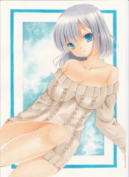Rule 34 | 1girl, bad id, bad pixiv id, bare shoulders, blue eyes, highres, original, pom77, short hair, silver hair, smile, solo, sweater
