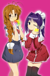 Rule 34 | 2girls, ;), absurdres, aged down, alternate costume, alternate hairstyle, antenna hair, bespectacled, black thighhighs, blue eyes, blue skirt, blush, bow, braid, braided ponytail, bread, bread bun, brown eyes, brown hair, capelet, chinese commentary, clannad, closed mouth, commentary request, company connection, cowboy shot, crossover, dress, food, furukawa sanae, glasses, hair between eyes, hair bow, hair intakes, hands up, high-waist skirt, highres, hikarizaka private high school uniform, holding, holding food, jam, kanon, key (company), long hair, long sleeves, looking at viewer, minase akiko, mogege gk, multiple girls, one eye closed, parted bangs, pink background, pink bow, ponytail, purple hair, red bow, red dress, sailor collar, school uniform, serafuku, shirt, short dress, short sleeves, simple background, skirt, smile, split mouth, standing, summer uniform, suspender skirt, suspenders, thighhighs, trait connection, very long hair, white-framed eyewear, white bow, white capelet, white sailor collar, white shirt, zettai ryouiki