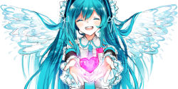 Rule 34 | 1girl, aqua hair, bad id, bad pixiv id, closed eyes, hatsune miku, heart, long hair, musical note, necktie, open mouth, outstretched arms, quaver, solo, sukopio, twintails, vocaloid, white background, wings