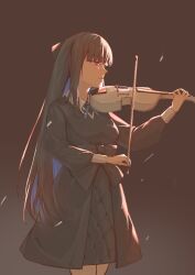 Rule 34 | 1girl, black background, black bow, black dress, black hair, blue hair, bob cut, bow, bow (music), closed mouth, colored inner hair, dress, holding, holding bow (music), holding instrument, holding violin, instrument, long hair, long sleeves, multicolored hair, music, playing instrument, punishing: gray raven, purple eyes, selena (punishing: gray raven), solo, violin, waist bow, yume 3327