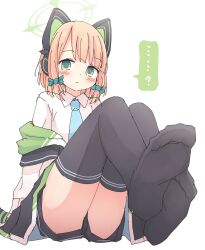 Rule 34 | ...?, 1girl, animal ear headphones, animal ears, black skirt, black thighhighs, blonde hair, blue archive, blue necktie, blush, bow, cat tail, closed mouth, collared shirt, commentary, fake animal ears, feet, green bow, green eyes, green halo, hair bow, halo, headphones, highres, kamotsu yasai, long sleeves, midori (blue archive), necktie, shirt, short hair, simple background, skirt, solo, tail, thighhighs, white background, white shirt