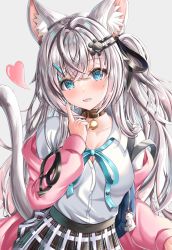 Rule 34 | 1girl, absurdres, animal ear fluff, animal ears, bad id, bad pixiv id, bag, bell, breasts, cat ears, cat girl, cat tail, cleavage, commentary request, green eyes, hair between eyes, hair ornament, hairclip, heart, highres, index finger raised, jacket, long hair, looking at viewer, medium breasts, neck bell, nekoya minamo, open clothes, open jacket, original, pink jacket, plaid, plaid skirt, pleated skirt, shirt, shoulder bag, sidelocks, silver hair, simple background, skirt, solo, tail, white background, white shirt