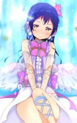 Rule 34 | 10s, 1girl, absurdres, bad id, bad pixiv id, between legs, black hair, blue ribbon, bow, bowtie, butterfly hair ornament, dress, feathered wings, hair ornament, hair ribbon, hand between legs, highres, icehotmilktea, long hair, love live!, love live! school idol festival, love live! school idol project, orange eyes, pink bow, ribbon, sakura fuumi, see-through, solo, sonoda umi, striped, striped bow, white wings, wings