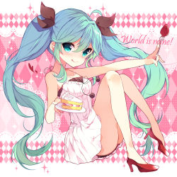 Rule 34 | 1girl, :q, ahoge, aqua hair, bare legs, blue eyes, blush, cake, cake slice, dress, food, fork, fruit, gradient hair, hair ribbon, hatsune miku, heart, high heels, highres, holding, holding fork, holding plate, ikari (aor3507), licking lips, long hair, looking at viewer, multicolored hair, plate, ribbon, solo, song name, sparkle, strawberry, strawberry shortcake, thighhighs, tongue, tongue out, twintails, very long hair, vocaloid, white dress, world is mine (vocaloid)