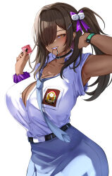 Rule 34 | 1girl, absurdres, black collar, blue necktie, blue skirt, blush, breasts, brown hair, collar, collared shirt, condom, condom wrapper, cowboy shot, dark-skinned female, dark skin, ear piercing, earrings, goddess of victory: nikke, grin, hair ornament, hair over one eye, hair tie, heart, heart-shaped pupils, high-waist skirt, highres, holding, holding condom, huge breasts, jewelry, karma3009, long hair, looking at viewer, loose necktie, loose socks, mouth hold, naga (nikke), necktie, piercing, pleated skirt, scrunchie, shirt, shirt tucked in, short sleeves, side ponytail, simple background, skirt, smile, socks, solo, striped necktie, symbol-shaped pupils, white background, white shirt, white socks, wrist scrunchie, yellow eyes