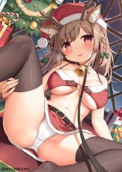 Rule 34 | 1girl, :p, animal ears, antlers, bell, belt, bikini, black belt, black choker, black thighhighs, blush, braid, breasts, brown hair, cameltoe, candy, candy cane, choker, christmas, christmas ornaments, christmas tree, cleft of venus, closed mouth, commentary request, copyright name, crotch seam, deer ears, dutch angle, ezoshika, fake animal ears, fake antlers, food, fur-trimmed skirt, fur trim, garland (decoration), gift, green ribbon, hair ribbon, hat, head tilt, horns, indoors, large breasts, leg lift, looking at viewer, melonbooks, miniskirt, navel, neck bell, panties, red bikini, red eyes, red hat, red skirt, reindeer antlers, ribbon, santa bikini, santa costume, santa hat, sitting, skirt, smile, solo, star ornament, swimsuit, thighhighs, tongue, tongue out, underwear, white panties, window