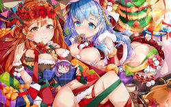 Rule 34 | 2girls, absurdres, ass, between breasts, blue eyes, blue nails, blush, bow, breasts, brown eyes, chibi, christmas, christmas tree, cleavage, fork, gift, gingerbread man, hair bow, hair ornament, hair stick, head wreath, highres, holding, holding fork, indoors, large breasts, long hair, looking at viewer, mole, mole under eye, mouth hold, multiple girls, nail polish, neck bell, orange hair, plaid, plaid skirt, polymer77721, red ribbon, red skirt, ribbon, sitting, skirt, smile, snowflake hair ornament, snowman hair ornament, string of flags, tower of saviors