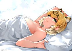 Rule 34 | 10s, 1girl, animal ears, bed sheet, blanket, breasts, cleavage, from side, happa (cloverppd), jaguar (kemono friends), jaguar ears, jaguar print, kemono friends, looking at viewer, lying, naked sheet, on back, on bed, pillow, pov across bed, sky, smile, solo, under covers