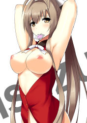 Rule 34 | 10s, 1girl, amagi brilliant park, antenna hair, armpits, arms behind head, bad id, bad pixiv id, blush, bottomless, bow, breasts, breasts out, brown eyes, brown hair, character name, cocona, cocona (coconacafe), condom, condom in mouth, hair bow, hair intakes, large breasts, long hair, looking at viewer, mouth hold, nipples, out-of-frame censoring, ponytail, sento isuzu, sleeveless, smile, solo, standing, underboob, very long hair, yellow eyes
